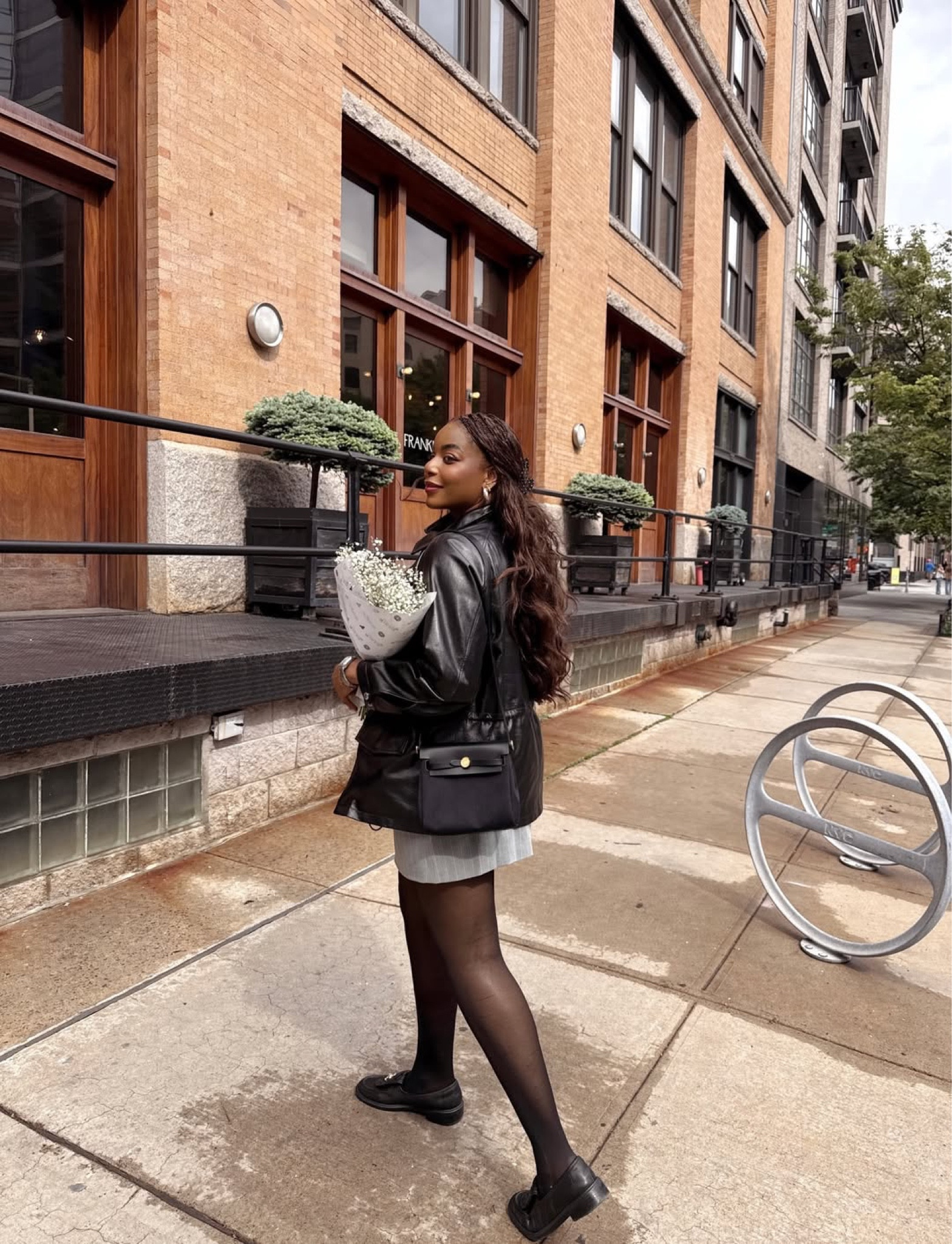 Early spring day wearing this gathered leather jacket from revolve, gray mini dress, black sheer tights, loafers - linking similar pieces below! … For more links to wedding guest dress summer, country concert outfits, date night outfits, graduation guest outfits, summer dresses, work outfits, graduation dresses, business casual workwear, vacation outfits beach, follow me on LTK! ✨

#LTKootd #LTKgrwm #LTKSeasonal