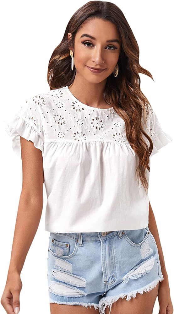 Romwe Women's Eyelet Embroidery Ruffle Short Sleeve Solid Casual Blouses Tops Shirt | Amazon (US)