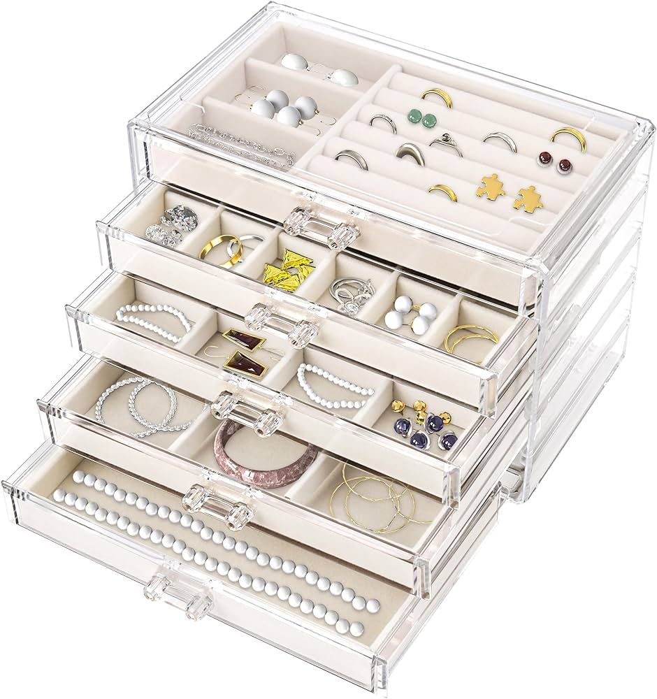 Acrylic Jewelry Organizer with 5 Drawers, Jewelry Organizer Drawer with Velvet Trays, Earring Jew... | Amazon (US)