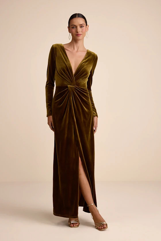 Angelina Olive Velvet Twist-Front Maxi Dress | Lulus