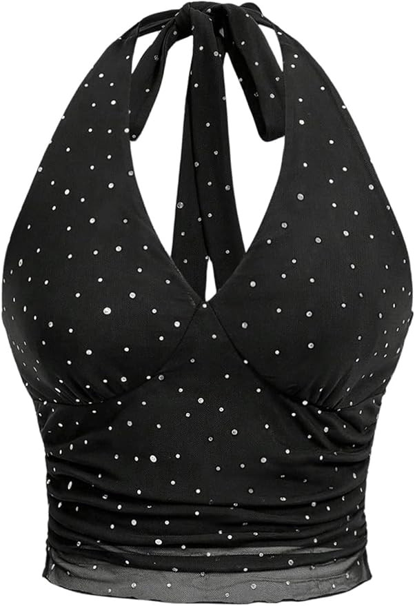 WDIRARA Women's Rhinestone Crop Halter Top Ruched Sleeveless Tie Backless Mesh Top | Amazon (US)