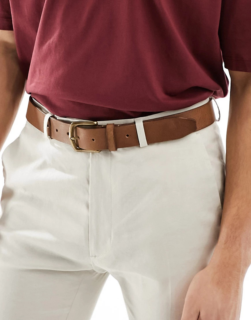 ASOS DESIGN leather belt with burnished gold buckle in vintage brown | ASOS (Global)