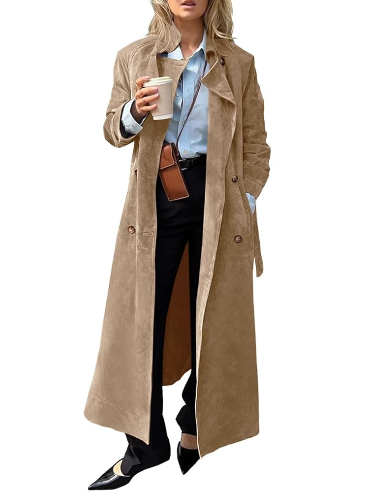 Tankaneo Womens Long Trench Coat Fall Faux Suede Jackets Double Breasted Lapel Pea Coat with Belt | Amazon (US)