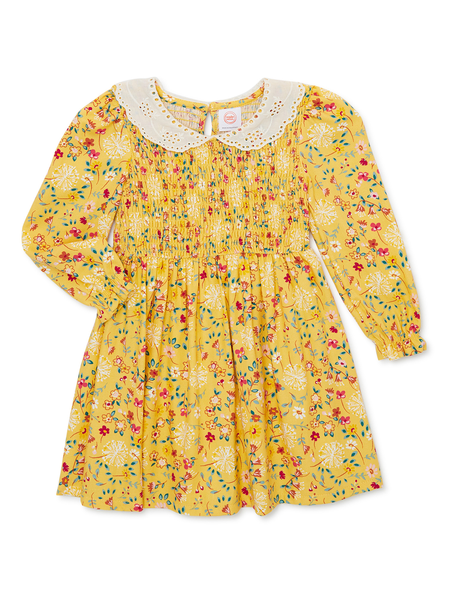 Wonder Nation Baby and Toddler Girls Long Sleeve Smocked Dress, Sizes 12M-5T - Walmart.com | Walmart (US)