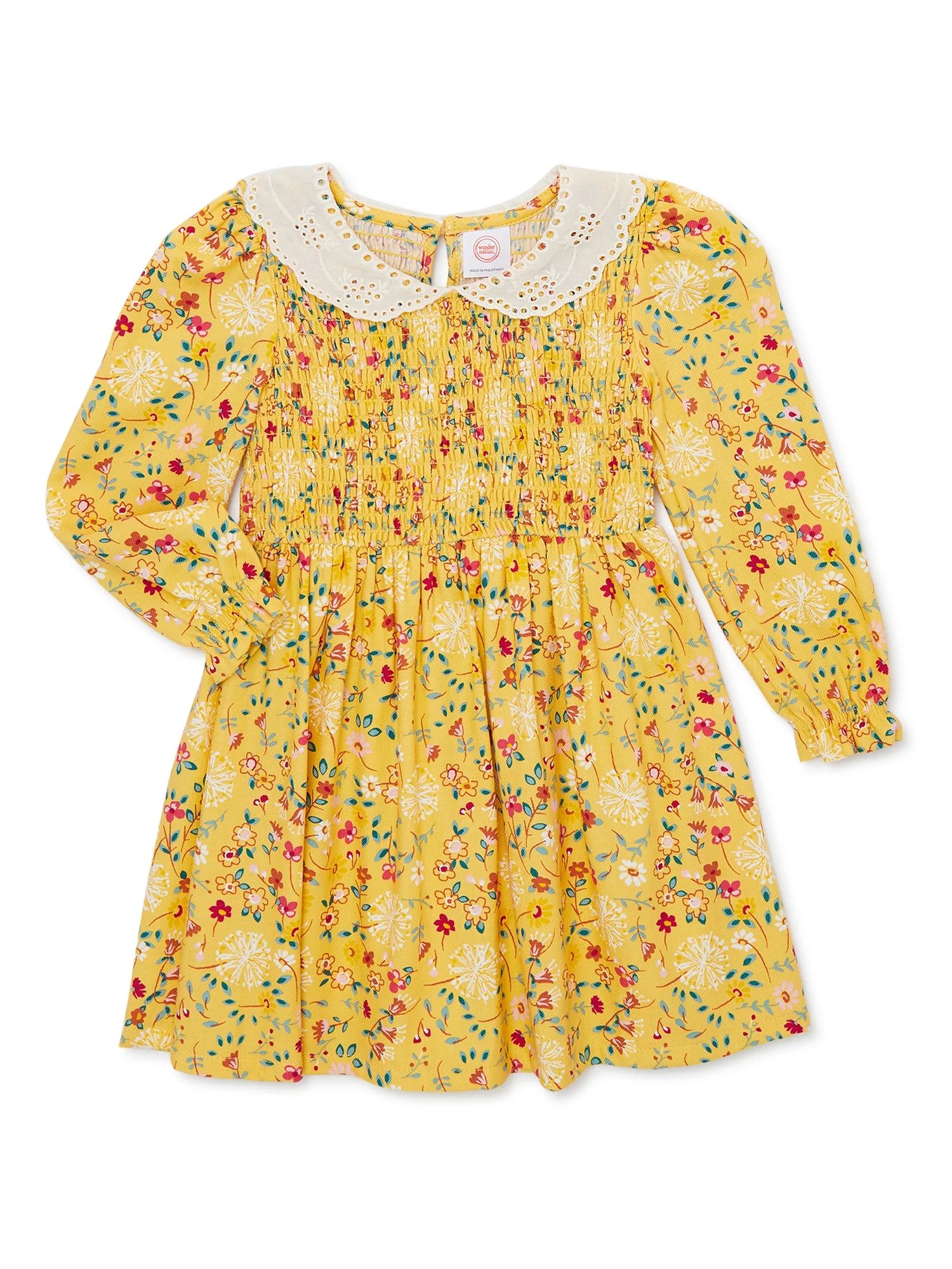 Wonder Nation Baby and Toddler Girls Long Sleeve Smocked Dress, Sizes 12M-5T | Walmart (US)