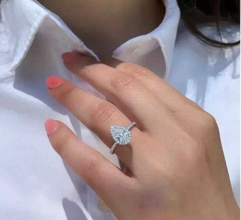 2.20 Carat Pear Shape Moissanite Engagement Ring, Classic Halo Ring, Moissanite Diamond Ring, Uni... | Etsy (US)