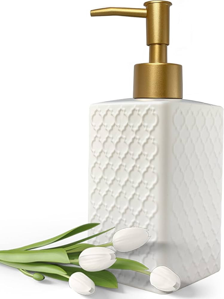 Gold Soap Dispenser for Bathroom,Retro White Square Lotion Dispenser, Refillable Countertop Ceram... | Amazon (US)