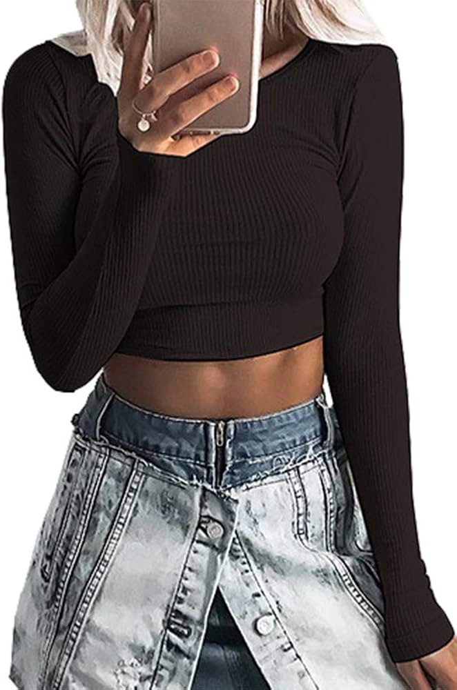 Artfish Women's Round Neck Long Sleeve Knit Ribbed Fitted Basic Crop Top Shirts | Amazon (US)