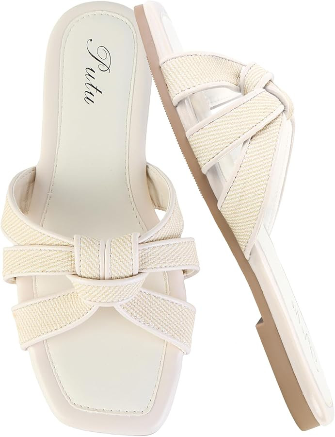 Putu Women's Flat Sandals Square Toe Slide Sandals Cute Braided Sandals for Vacation | Amazon (US)