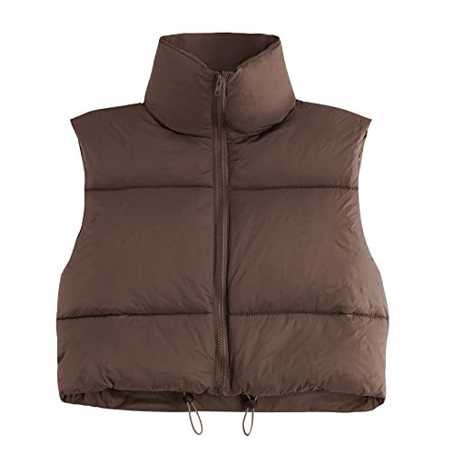 Century Star Cropped Puffer Vest Women Fashion High Neck Zipper Jacket Coat Sleeveless Winter Warm Lightweight Brown X-Large | Amazon (US)
