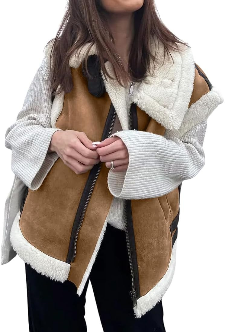 loveimgs Women's Winter Warm Suede Sherpa Leather Vest Jacket Zip Up Sleeveless Lambwool Fur Coat... | Amazon (US)
