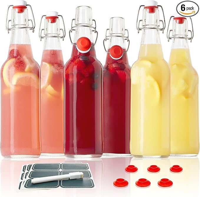 Otis Classic Glass Bottles with Caps - Set of 6 Clear Swing Top Glass Bottles w/Ceramic Lids for ... | Amazon (US)