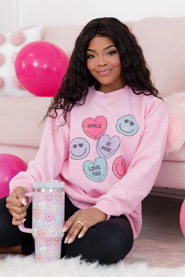 Candy Hearts Light Pink Oversized Graphic Sweatshirt | Pink Lily