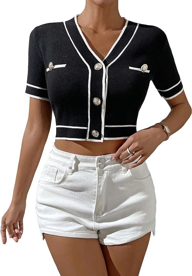 SweatyRocks Women's Casual V Neck Short Sleeve Cardigan Button Front Slim Fit Crop Knit Top | Amazon (US)