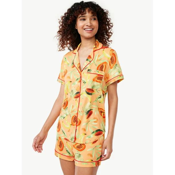 Joyspun Women's Knit Notch Collar Top and Shorts Pajama Set, 2-Piece, Sizes S to 3X | Walmart (US)