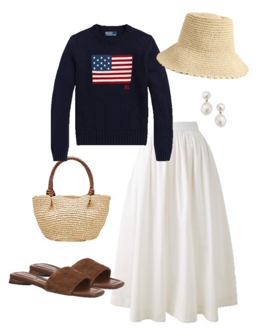 White maxi skirt outfit 
American flag sweater outfit 
Summer outfit 
Preppy outfit 
Raffia woven bag 
Straw bucket hat
Patriotic outfit 
Fourth of July outfit 
Labor Day outfit 
Brown sandals 
Pearl earrings 
Amazon aviator sunglasses

#LTKSaleAlert #LTKSeasonal