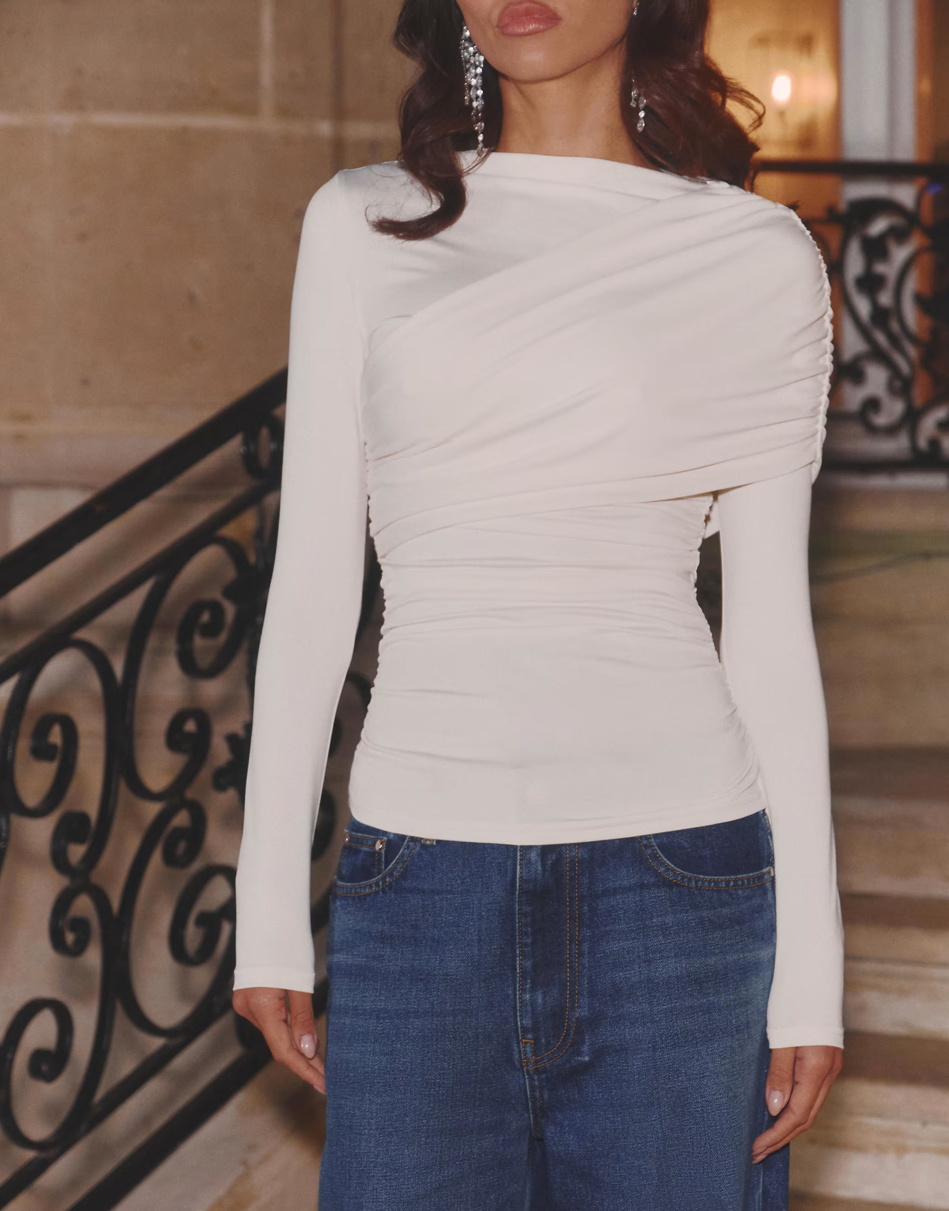 4th & Reckless slinky ruched wrap shoulder detail long sleeve top in white | ASOS (Global)