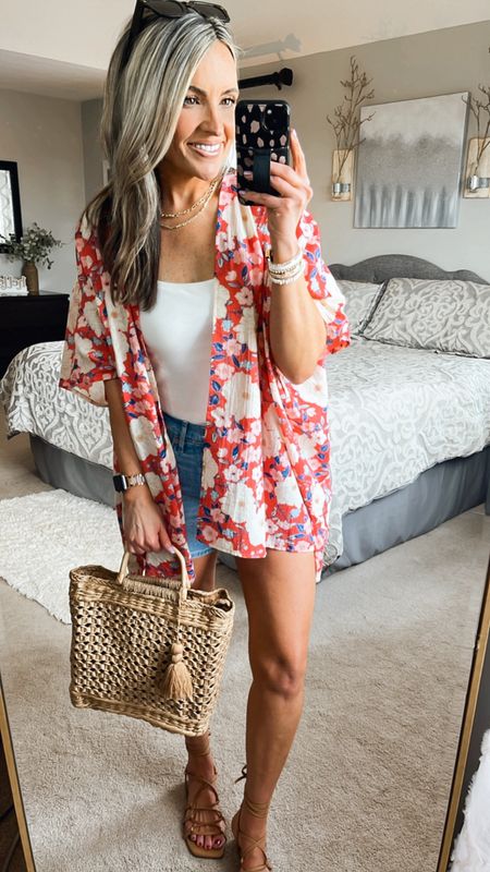 I love how versatile this kimono is! Not only is it adorable as a swim cover up, but it’s such a cute summer outfit! It’s nice lightweight & breezy material! These denim shorts are the perfect length with no distressing! Love the comfortable, moveable fit of them. I’m wearing my true size 4

#LTKSeasonal #LTKstyletip #LTKSpringSale