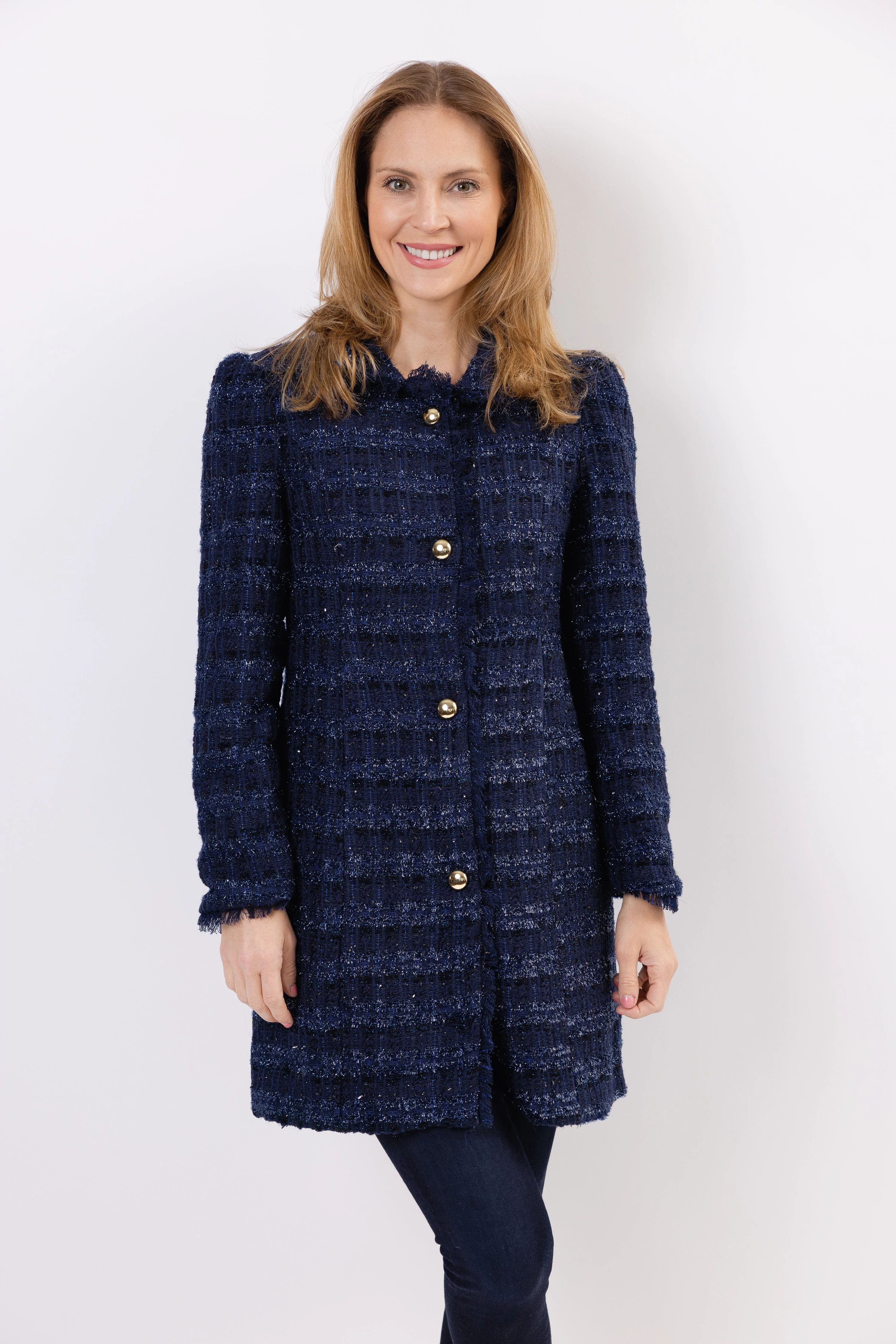 Navy Sparkle Tweed Button Front Coat | Sail to Sable