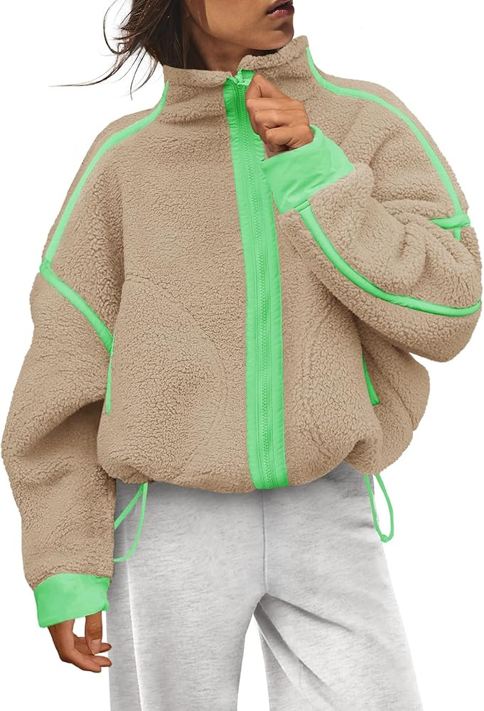ReachMe Womens Fleece Jacket Zip Up Sherpa Jackets Striped Sweatshirt 2025 Winter Coats Warm Fuzz... | Amazon (US)