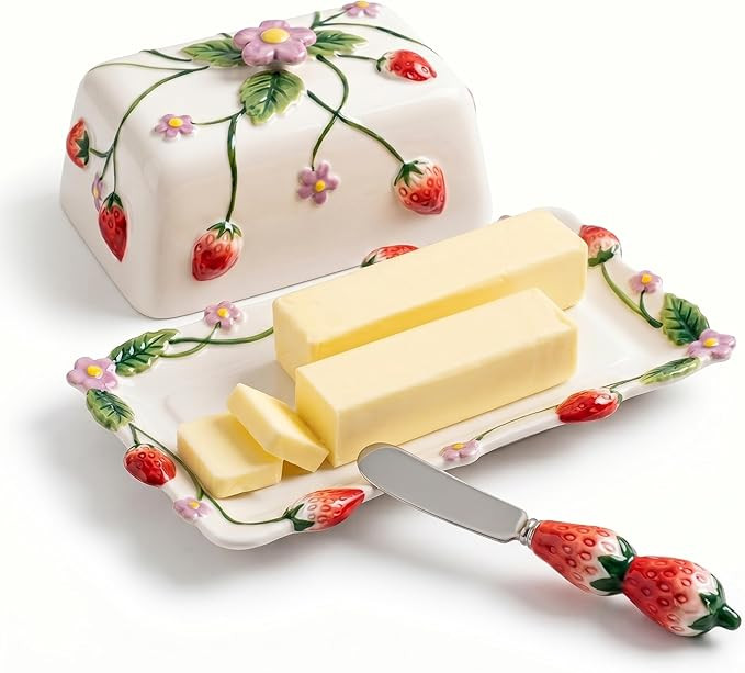 Cottage Strawberry Butter Dish w/ Lid & Knife, Artisanal Handmade | Large Butter Holder for Count... | Amazon (US)