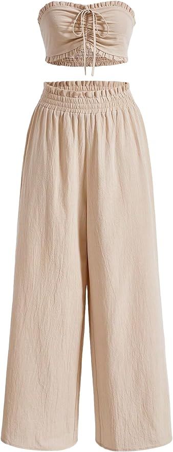 Verdusa Women's 2 Piece Linen Outfit Frill Trim Shirred Tube Top and Paperbag Waist Wide Leg Pant... | Amazon (US)