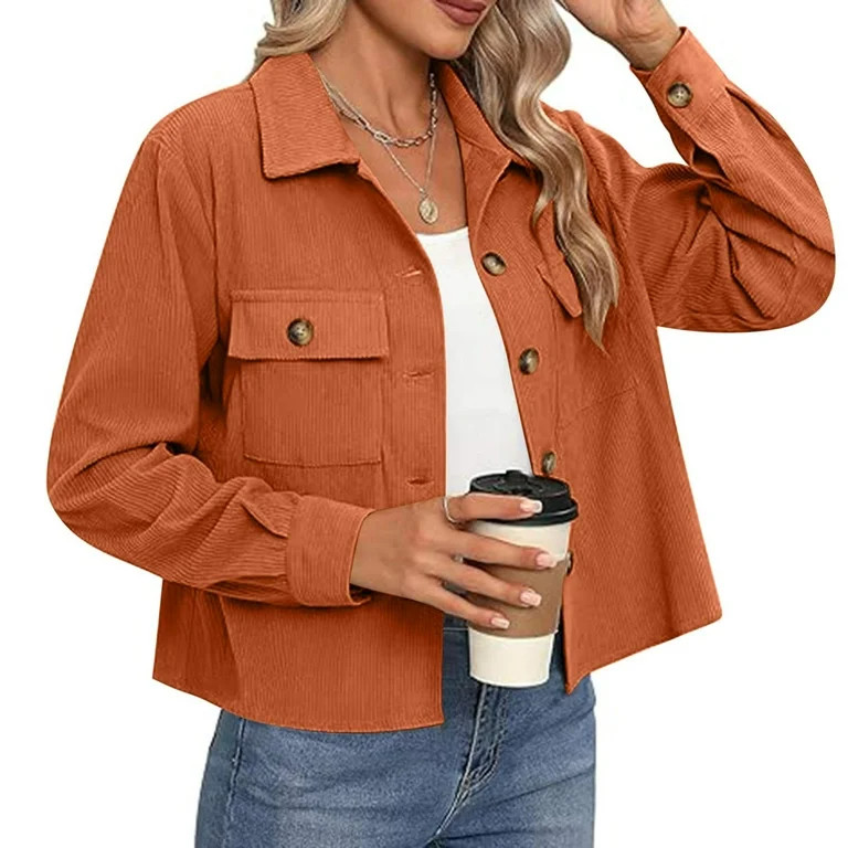 Blmnix Trendy Womans Jackets Corduroy Orange Cropped Solid Long Sleeve Sherpa Bomber Womens Jacke... | Walmart (US)