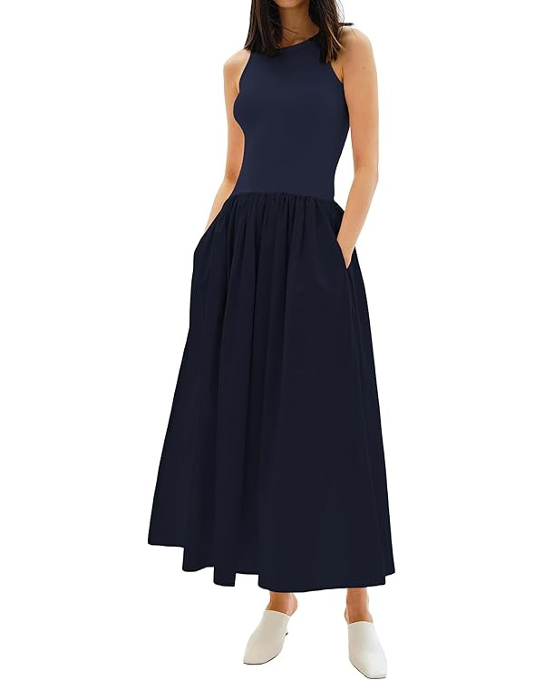 MISSACTIVER Crewneck Sleeveless Maxi Dress for Women Summer Flowy Patchwork Tank Top Long Dresses... | Amazon (US)