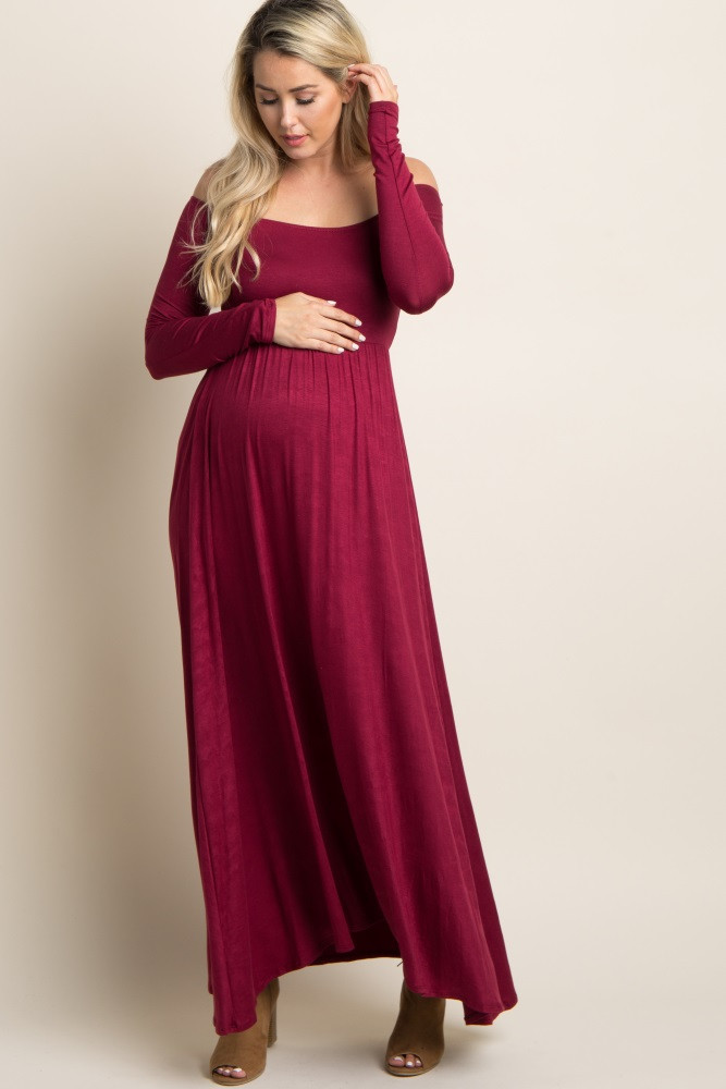 Dark Burgundy Solid Off Shoulder Maternity Maxi Dress | PinkBlush Maternity