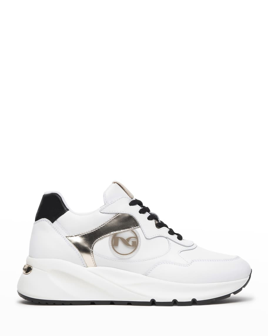 NeroGiardini Mixed Leather Logo Wedge Sneakers | Neiman Marcus