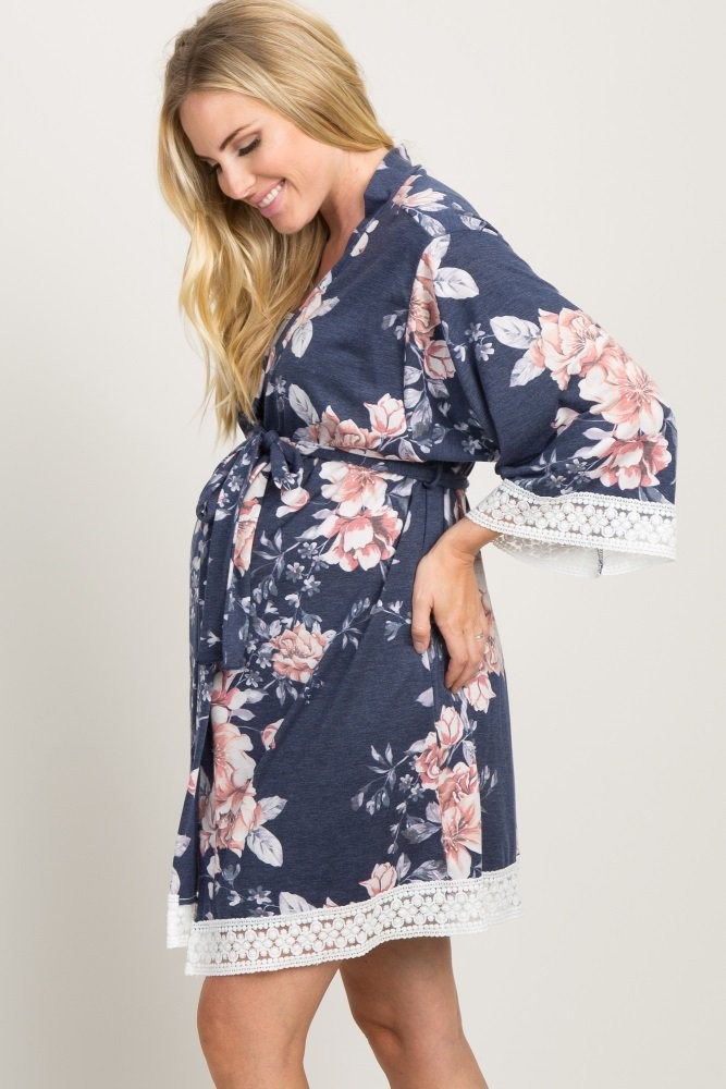 Navy Faded Floral Lace Trim Delivery/Nursing Maternity Robe | PinkBlush Maternity