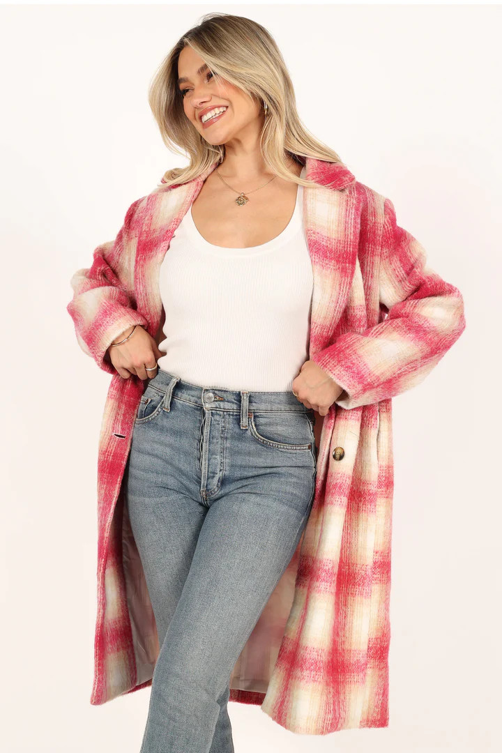 Gianna Button Front Plaid Long Coat - Pink | Petal & Pup (AU)