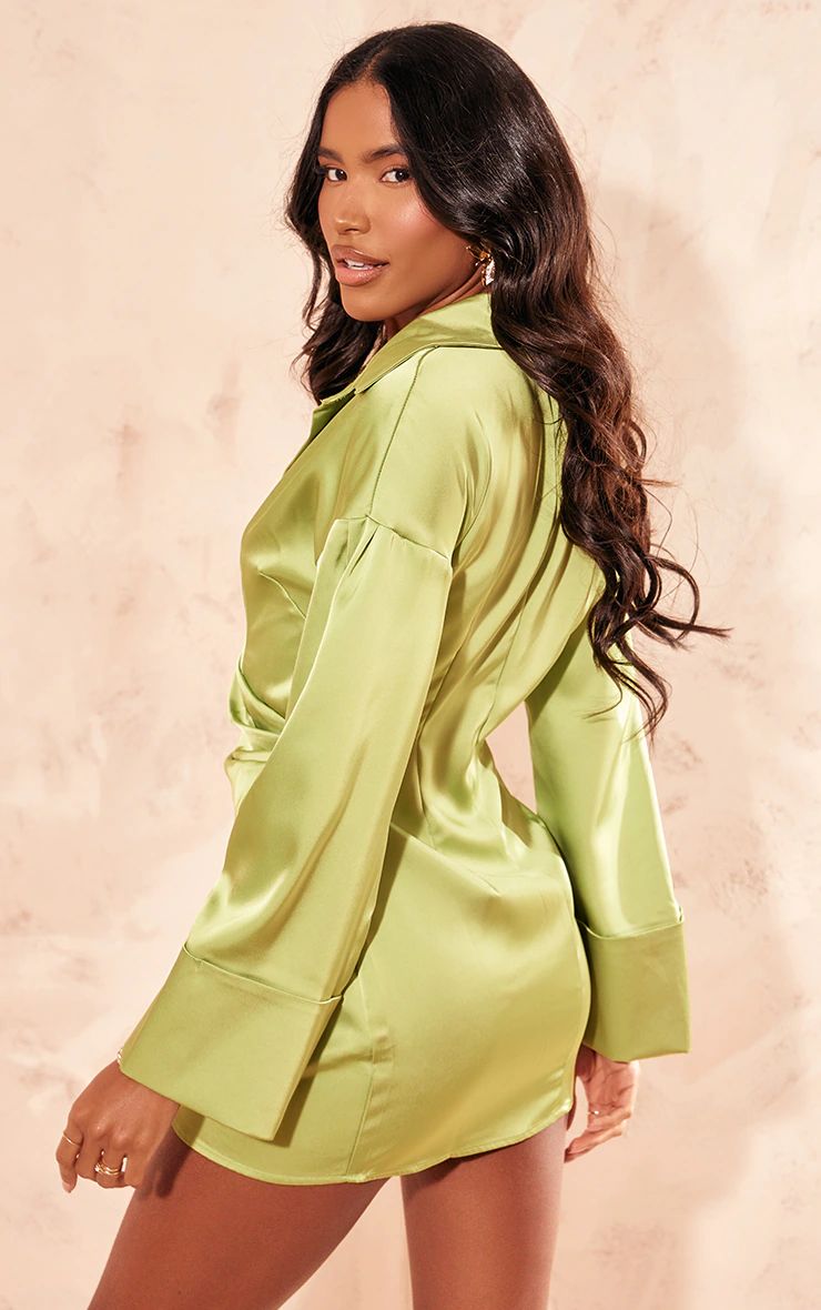 Premium Chartreuse Satin Bell Sleeve Shirt Dress | PrettyLittleThing UK
