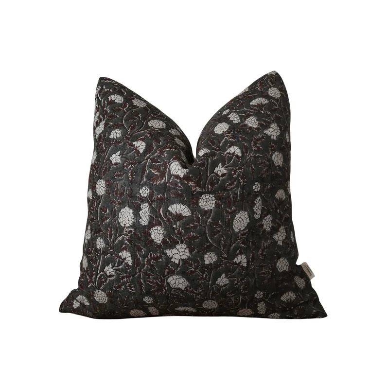 Black and Bergundy Floral Block Print Throw Pillow Cover. Moody Linen Throw Pillow, Modern Patter... | Etsy (US)