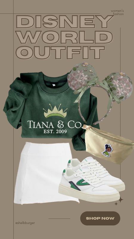 The Princess & the Frog Disney World outfit for women

• Tiana & Co. crewneck sweatshirt 
• white airbrush tennis skirt
• green floral Disney mouse ears with green ribbon bows 
• Tiana Fanny pack 
• green and white fashion sneakers shoes

#LTKsalealert #LTKtravel #LTKshoecrush