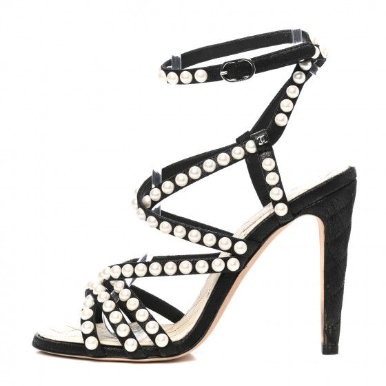 CHANEL Crackled Lambskin Pearl Sandals 37.5 Black | Fashionphile