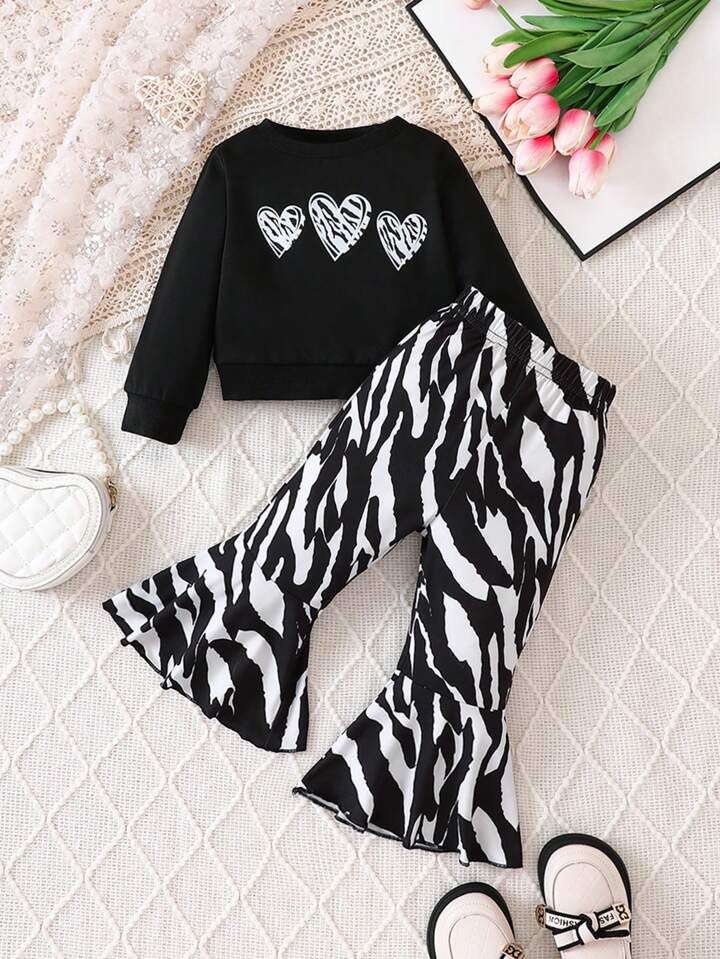 Baby Girl Heart Print Sweatshirt & Zebra Striped Flare Leg Pants | SHEIN