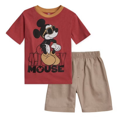 Disney Mickey Mouse Toddler Boys T-Shirt and Twill Shorts Outfit Set Red / Khaki 2T | Target