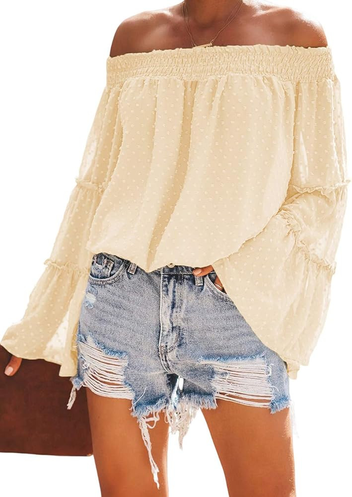 KIRUNDO Women’s Tops Summer Chiffon Off The Shoulder Tops Swiss Dot 3/4 Bell Sleeves Casual Blo... | Amazon (US)