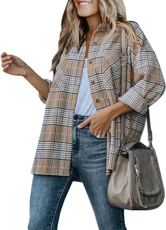 Womens Casual Plaid Shackets Flannel Button Down Long Sleeve Shirt Jackets with Pockets | Amazon (US)
