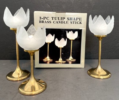 Brass And Frosted Glass Tulip Candle Stick Holder Set Of 3 Vintage NIB | eBay US