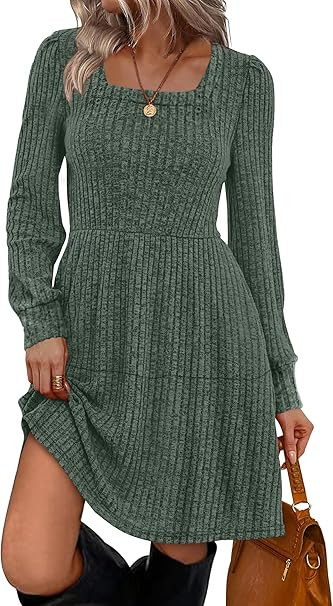 Sampeel Womens Square Neck Long Sleeve Fall Dresses Casual Babydoll Sweater Dress | Amazon (US)