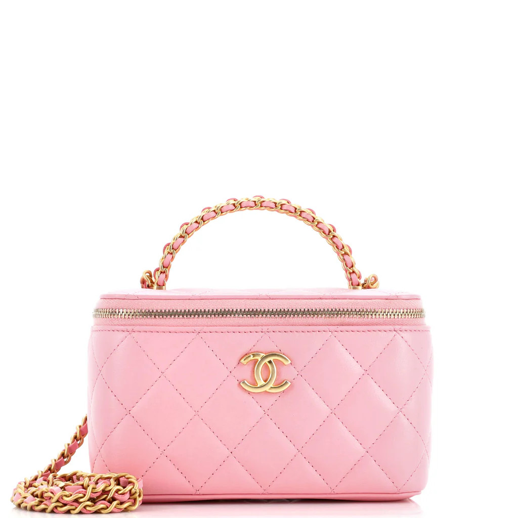 Woven Chain Top Handle Vanity Case with Chain Quilted Lambskin Small | Rebag