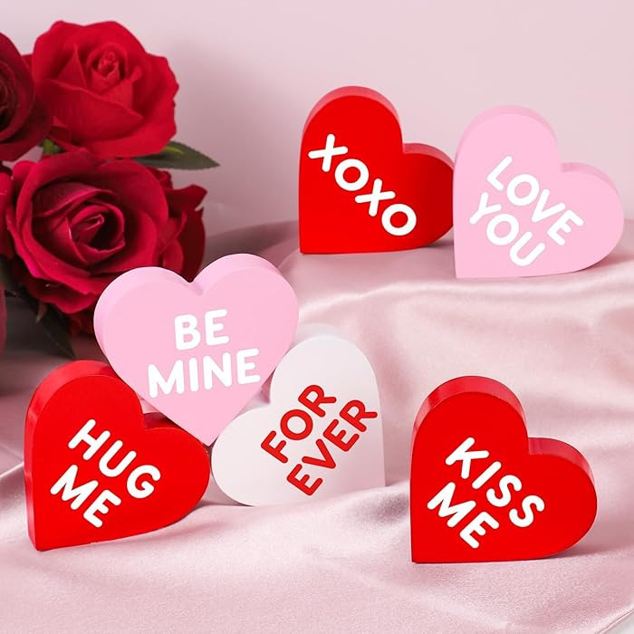 Valentines Day Decorations, 6 Pcs Valentines Day Heart Wooden Signs Decor for Tiered Tray, Happy ... | Amazon (US)