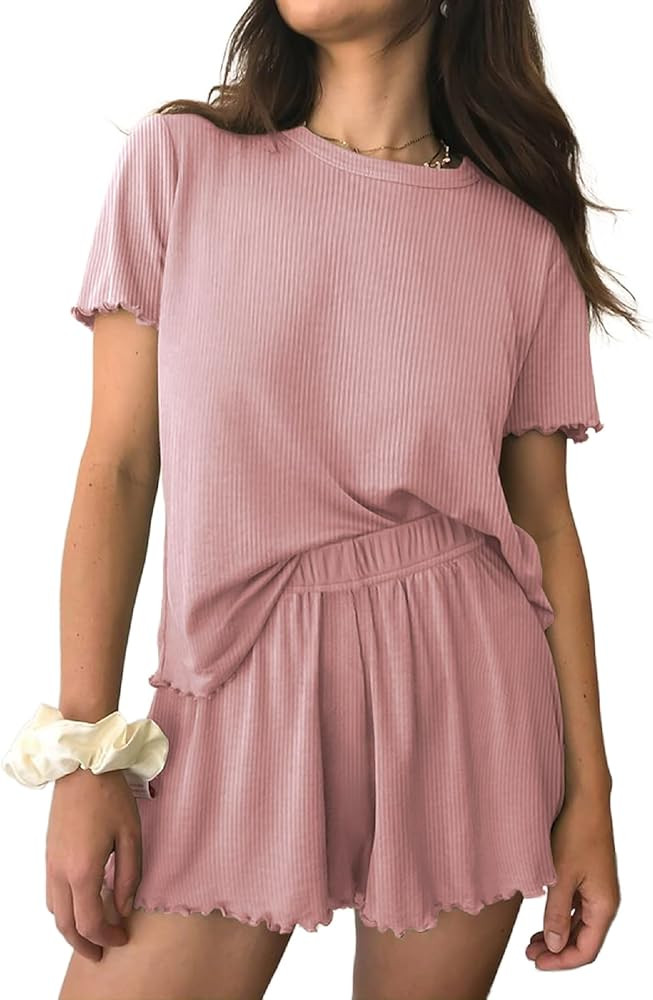Womens Pajamas 2 Piece Ribbed Knit Pjs Short Sleeve Sleepwear Set Summer Soft Pajamas Set Casual ... | Amazon (US)