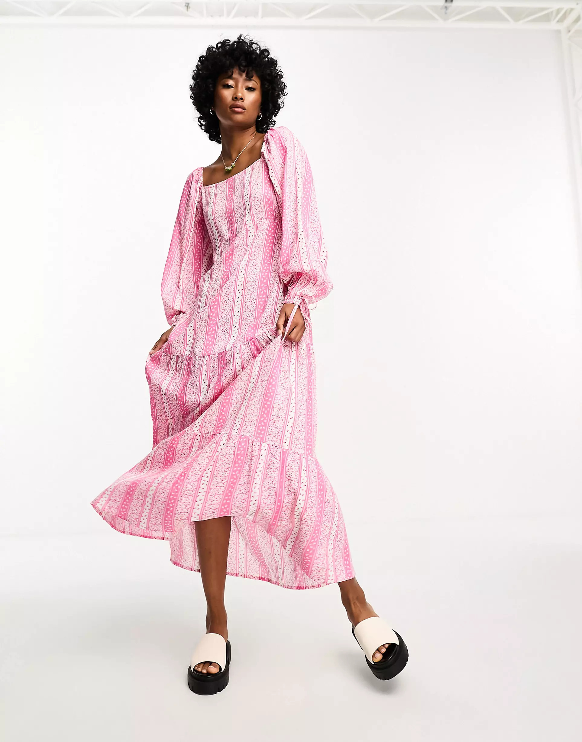 Violet Romance tiered midi dress in pink ditsy floral print | ASOS (Global)