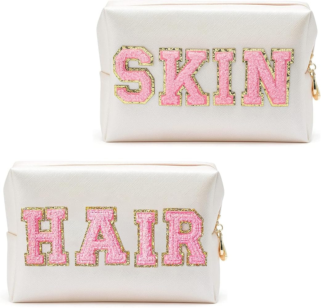 2PCS Preppy Makeup Bag, PU Leather Travel Cosmetic Bag with Chenille Letter Patch Skin Hair, Trav... | Amazon (US)