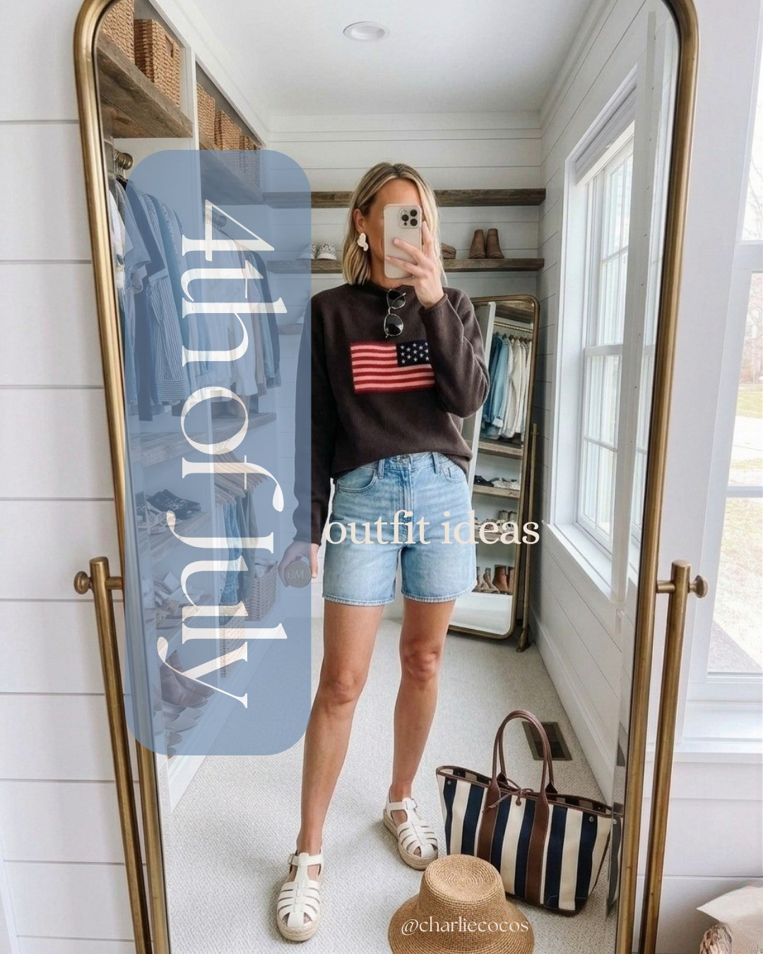 4th of july outfits. Summer outfits. Fourth of july casual. Flag sweater. Summer sandals. Jean shorts. Tuckernuck. Golden. Fisherman sandals.

#LTKmomlife #LTKOver40 #LTKTall