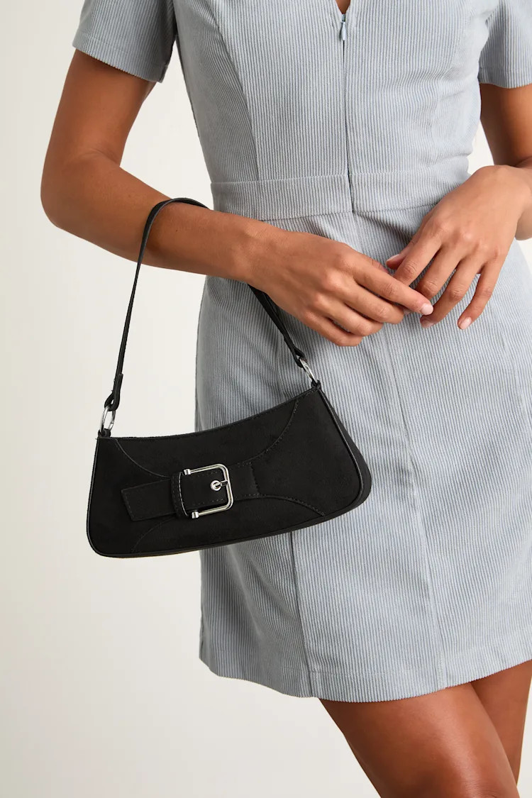 Basira Black Vegan Suede Buckle Shoulder Bag | Lulus
