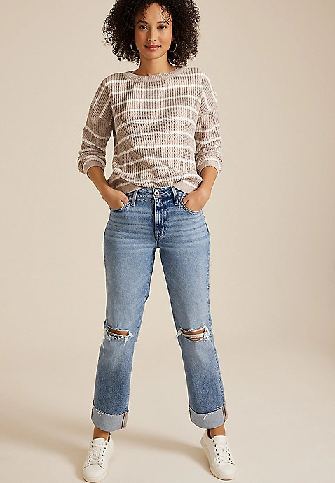 edgely™ High Rise Raw Cuff Hem Relaxed Straight Jean | Maurices